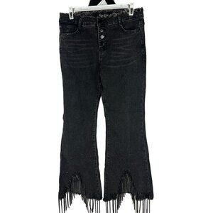 Blue B Collection Womens Black Beaded Fringe High-Waist Flared Jeans Size L